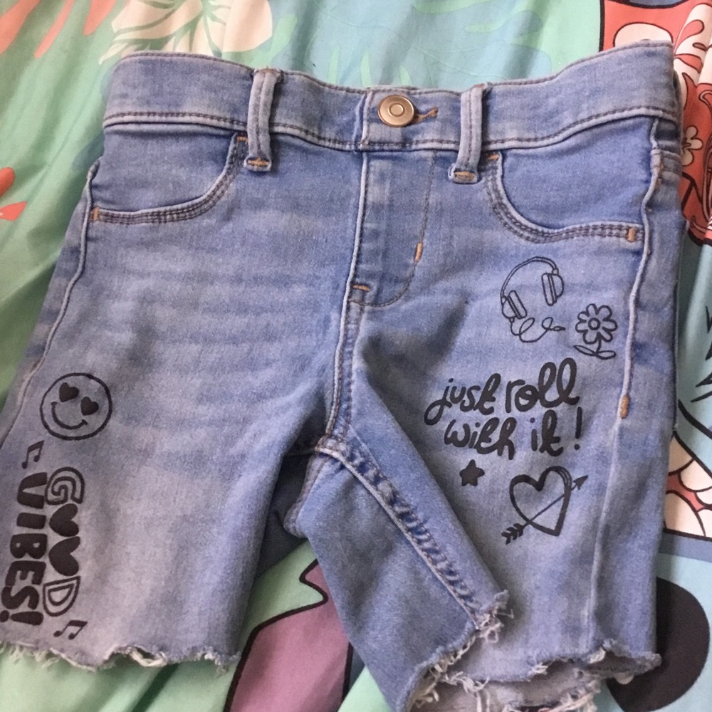 Blue Denim Shorts with Black Graphics